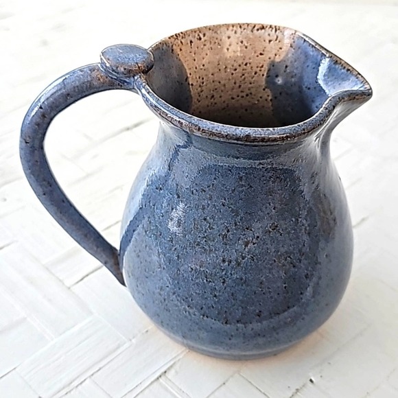 Signed Pottery Pitcher Speckled Design with Pink Heart Flowers 5" T x 6" W - Picture 4 of 7